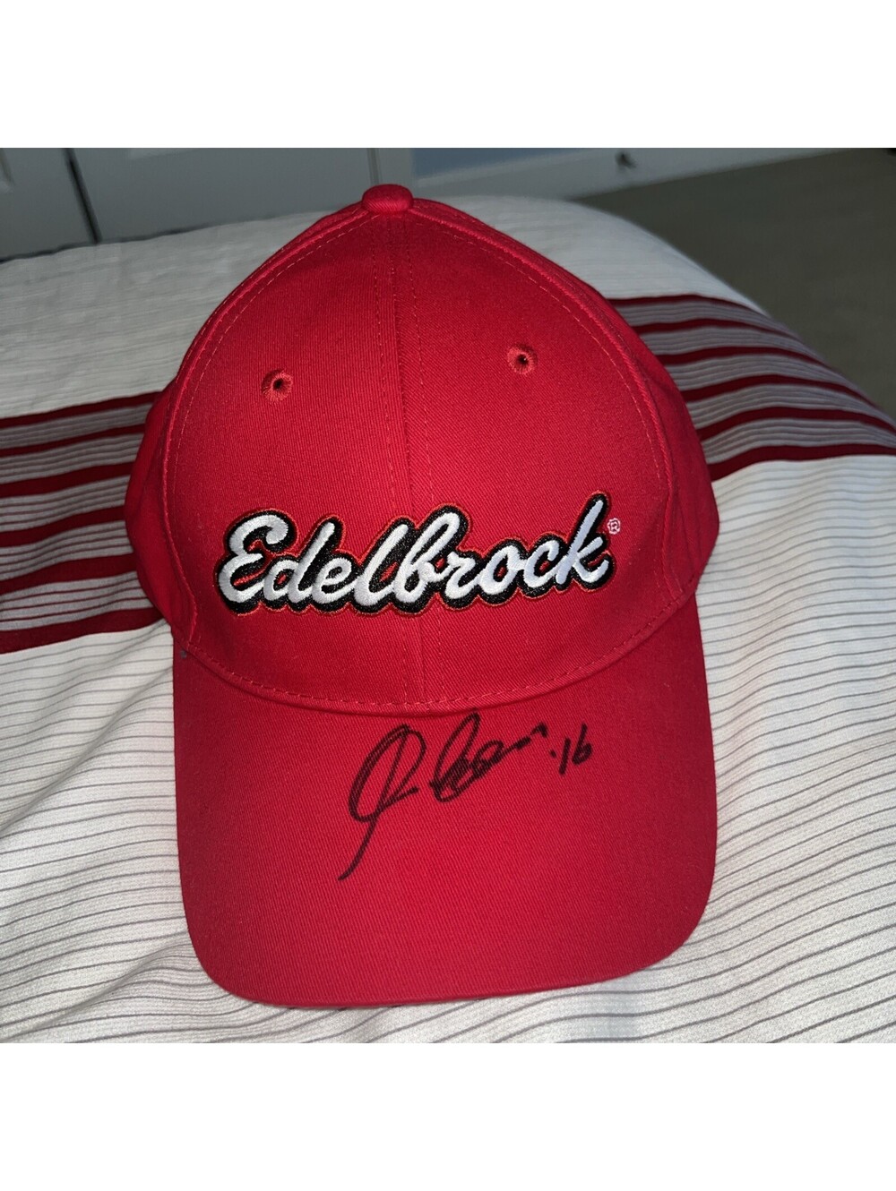 Edelbrock Rare Red Racing Hat Autographed JR Todd 16 Adjustable White Black Logo